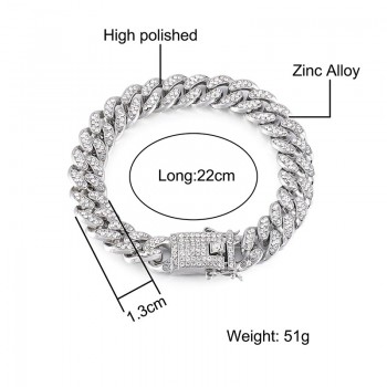 High-Quality 51g Hip Hop Full AAA Zircon Bling Iced Out Pave Men's Bracelet Miami Cuban Link Chain